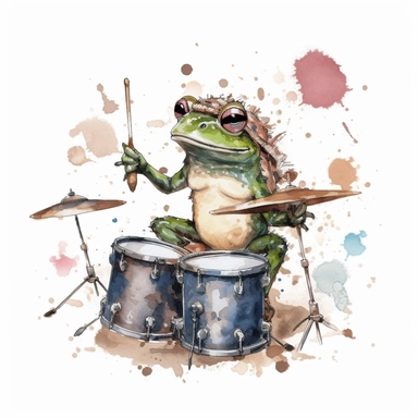 drawing of a funny cute frog rockstar Drummer , white background, clipart, in unicake colors, layered composition, muted color palette, in the style of Ghibli, Pixar, Ukiyo - e, Wabi - sabi,