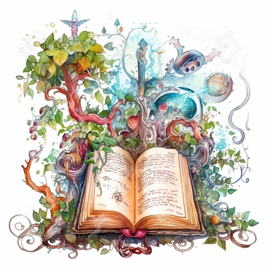 Solid white background, Detailed watercolor open ancient magic book with carnivorous vines swelling from the book's pages clipart. The visable pages of the book have geometric magic symbols on them visibly.