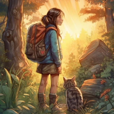As the sun began to rise, a young girl named Mia put on her sturdy boots and picked up her backpack. She was excited to go on an adventure through the woods that surrounded her home. As she headed out the door, she noticed her curious cat, Whiskers, following closely behind her,Watercolor Clipart, strybk, full Illustration, 4k, sharp focus, watercolor, smooth soft skin, symmetrical, soft lighting, detailed face, concept art, muted colors, watercolor style, strybk, children's style fairy tales, c