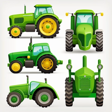 cute colourful vibrant green farm tractor vehicles, each side profile view front view, rounded edges, rounded corners, detailed vector clean illustration, clipart, svg, white background