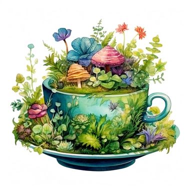 colorful tea cup garden in a green colored teacup, watercolor clipart, very detailed, Cartoon,hyper realistic, intricate detail, illustration style,high solution,on the white background
