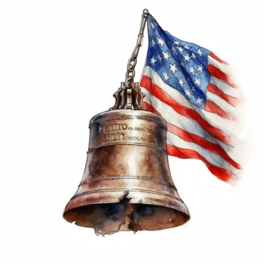 Original Liberty Bell of Philadelphia with american flag, Vectorial, highly detailed, watercolor, clipart, illustration, white background, digital painting, paper crafting, no signature, no text