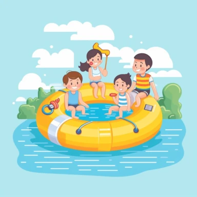 Create a clip art-style image of a kids with tube on water, simple image, cartoon image, pastel tone color, thick line, white background, PNG file--ar 1:1