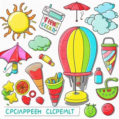 Please create a series of color-pencil clipart illustrations featuring different items related to summer. Each illustration should be drawn in a playful and cheerful style that captures the vibrancy and warmth of the season. Items to include can be beach balls, watermelons, sun hats, flip-flops, and ice cream cones. Please use a colorful and coherent color palette that is bright and evokes the feeling of warmth and sunshine. Colors that are associated with summer, such as yellows, oranges, pinks