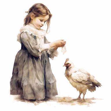 victorian vintage adorable little girl feeding chicken, full body, pastel beige colors, clipart style, accurate details, oil painting technique, super high quality, professional watercolor clipart, high resolution