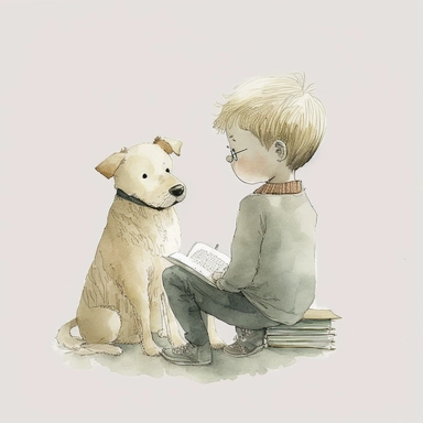 a dog sitting next to a young blonde boy reading a book, watercolor and ink drawing, clipart, happy, gentle smile, beautiful watercolor ink wash coloring, thick pencil lines, Jon klassen, Adrian tomine, popular on etsy, watercolor illustrations clipart, watercolor illlustrations for kids and children, book illustrations, plain white background