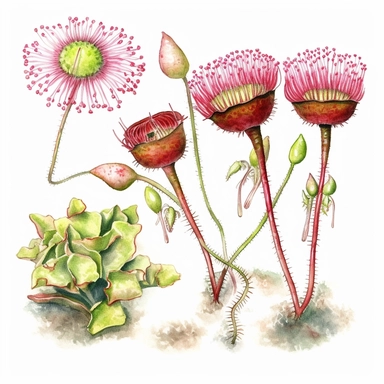 Clipart, vintage, watercolor, Deadly Rosette, Drosera specie, carnivorous plant, botanical illustration, hand drawn, texture
