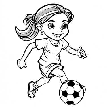 girl soccer player coloring pages | girl soccer player coloring pages free | little girl soccer player printable coloring clipart, in the style of black and white, simplistic cartoon, light white and gray, uhd image, whimsical comic strip