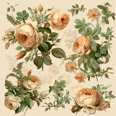 vintage roses and bushes clipart set, in the style of wallpaper, light brown and green, 1860–1969, canvas texture emphasis, elaborate borders, edward julius detmold, cartoonish motifs