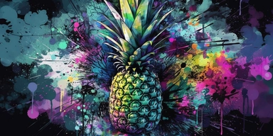 pineapple, clipart artwork print, a visually striking fusion of saturated colors like lime green, dazzling purple, and bold teal on a black canvas, chaotic elements blending seamlessly into an unexpectedly coherent design, showcasing the beauty of controlled chaos in wearable art
