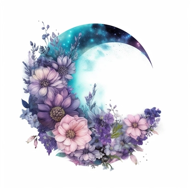 mystical small semi moon, embelishments, clouds, flowers blue purple, half tone, alchemical symbolism, hyper-realistic, magical and mystical, moon, circle, clipart, illustration, isolated on white background