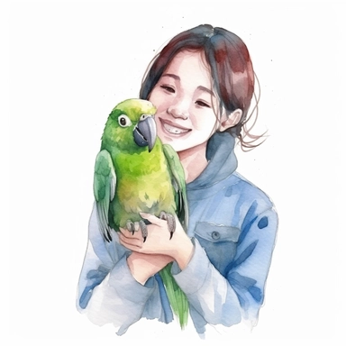 Adorable pet Amazon Parrot having happy moment with it's human owner, water color style, clipart, white background