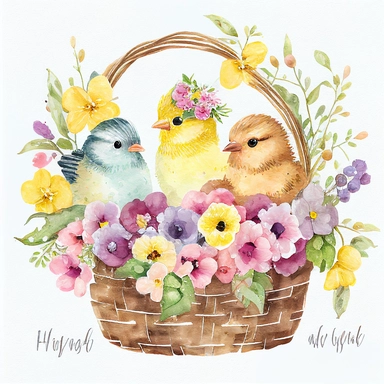 watercolor clipart cute Easter chicks in flower basket, white background, high resolution