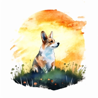 Clipart, watercolor, white background: A Welsh corgi sitting on a grassy hill, gazing at a beautiful sunset, capturing the dog's appreciation for nature.
