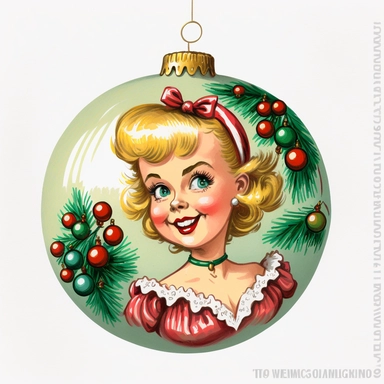 fun vintage character christmas tree bauble , bright colours, gouache, clipart, white background