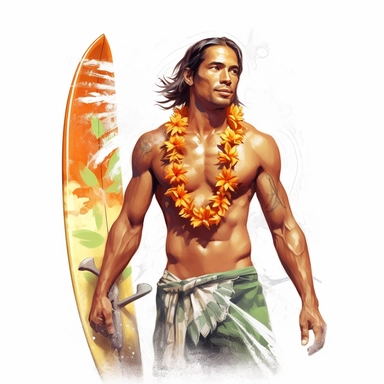 beautiful stunning hawaiian surfer young man , paint art style, clipart, white background, superrealistic, one of a kind