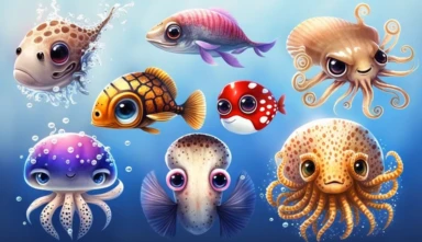 Cute little sea animals. Cartoon funny underwater creatures with big eyes. Marine fauna watercolor clipart set - sea turtle, octopus, jellyfish, seahorse, crab, fish, clown fish, starfish. 50 mm, iso 100, Canon DX1 photorealistic, award winning, soft focus, cinematic lighting, detailed, 4k, professional photo, blured background