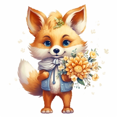 Cute Beautiful fox holding a flower Sublimation Clipart, Cartoon, hyper realistic, intricate detail, illustration style, high solution, on the white background