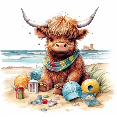 Baby Highland Cow play in the beach with beach toys, highly detailed, cartoon, watercolor, clipart, illustration, white background, digital painting, paper crafting, no signature, no text