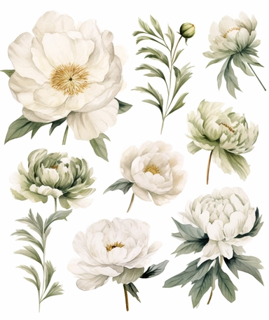 dreamy bohemian watercolor white peony flowers clipart,VINTAGE VICTORIAN STYLE, fairy style, muted color, watercolor touch, with elements of green leaves, wildflowers, elegant, light, airy, fresh, classy, modern, minimalist design, no borders, the overall aesthetic exudes modern and fresh, no text or writing, includes blank space for text and writing, WHITE background, watercolor splashes, FOR CARD, hd, white background: