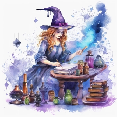 magical style realistic wizard woman making magic at the magic room with watercolor effect,magical clothes,realistic reatures,full body,mafic messy working table,magic tools,a wizard's cat,a gothic window,suitable for digital clipart,white background,magical scene,fairy dark colours,green ,blue,purple,gothic details