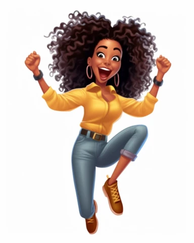 Cartoon illustration Clipart playful, excited Kelly Rowland Norman Rockwell style Clipart Full body shot from head to toe centered dark Brown skin African American black girl magic Kelly Rowland version with messy bun, the boss lady clipart , vector art image, in the style of feminine interiors, video collages, aquarellist, whitcomb-girls, bright summer dress, kitty lange,