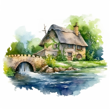 An enchanting watercolor clipart illustration of a picturesque medieval cottage perched near a meandering river, embraced by a tranquil countryside. The cottage boasts weathered stone walls, a thatched roof adorned with climbing vines, and a meticulously crafted waterwheel gracefully spinning by the riverside. The calming river reflects the surrounding nature, with delicate ripples and vibrant aquatic life. Against a clean white background, the watercolor medium enhances the cottage's rustic cha
