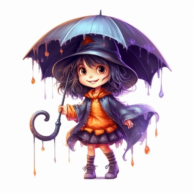 Cute Adorable magical little witch holds laterally a huge umbrella in his hand wears a raincape and stand in the rain on a country road, correct umbrella, clipart, high detail, 8k polished, 8k, vibrant colors, white background, sticker