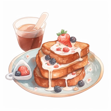 A set of cute tumblr style of lisa audit and ryo takemasa and Margaret Macdonald Mackintos illustration clipart of most tasty french toast served as breakfast with strawberry jam, milk, on white background, limpid, cottagecore aesthetic, artistic, soft palette, best quality, well composed, high definition,