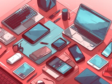a promotional image of new looking iPhone's and laptops laying on a table neatly organized, cartoon clipart style, light blue and red colorway