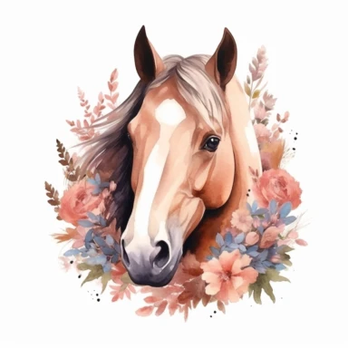 Watercolor Minimalist floral Horse Face clipart, hyper realistic, detailed, stylised, nature scene, hyper detailed, cozy colors