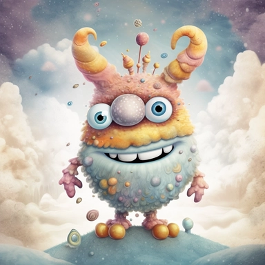 Whimsical CUTE LITTLE MONSTER in the clouds, muted colors, swirls, twists, twirls, metallic, glitter, stylized, funny, centered, airbrushed, digital oil, detailed illustration, clip art, cartoon, 8k,-- ar 9:8