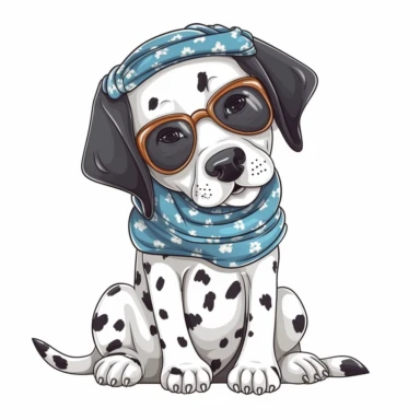 funny kawaii Dalmatian Puppy with Balenciaga sunglasses and cool bandana or necklaces, cute illustration, clipart, white backgound, Cuttable Design
