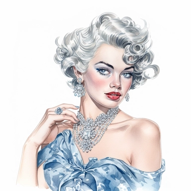 Hand drawn 1950’s pin up woman, dressed like Disney's cinderella, very glamorous with jewelry, shades of blue coral and silver, half body, very detailed and realistic, watercolor, white background with margins, clipart style