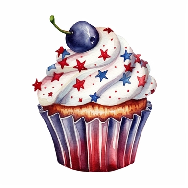 watercolor American flags cupcake, cartoon sticker, clipart, white background, hd, 32k