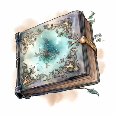 An antique-inspired clipart design of an old magic book, featuring intricate details, worn edges, and a mystical aura, perfect for adding a touch of enchantment to your designs, watercolor