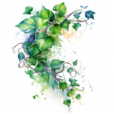 simple vines of green leaves, iconic, wind, fanstasy, free brushstrokes, magical, watercolour illustration. colourful, white background isolated. aquarellist, fantasy, cute, clipart, cottagecore,