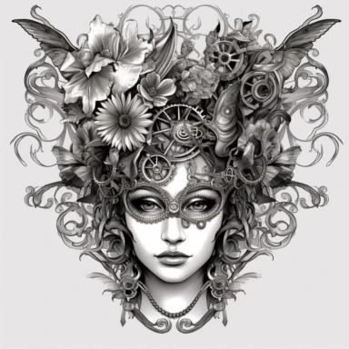A steampunk-inspired masquerade ball, where attendees wear elaborate masks adorned with gears and clockwork designs ,Steampunk, black and white color obly, black ink, transparent background png, clipart no captions