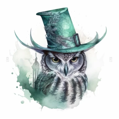 witch owl wearing a witch hat , in the style of mystic mechanisms ,pencil art illustrations, Isolated white background, reimagined by industrial light and magic, lith printing, illusory images, watercolor clipart, very subtle emerald tones, , ,