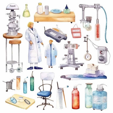 watercolor doctor related scenes  Medical Equipment Items for doctor's clinic, illustrations clipart set, simple, , cartoon elements ,different variants , nurse, doctor, stethtescope, mechanical body weighing scale, microscope, ,separate elements with a margin