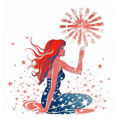 usa flag mermaid watching fireworks. clip art style. on a white background