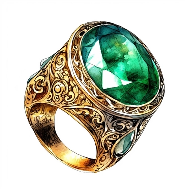 gold victorian ring with large emerald, watercolour painting , detailed , intricate white background. clipart