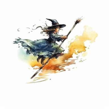 watercolor style, Witch on the broomstick: A long, slender broomstick associated with witches and their transportation. clipart, isolated on white background, 4K