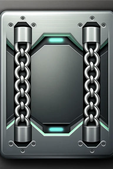 grungy metallic Flat coloured card design of a symmetric thick silver chain link icon cardback , cartoony clipart card design, Logo, glowing Gundam visor magic spell icon, little-flat Graphic Design , grey metal grid background