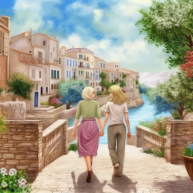 panoramic view, full view, landscape, two beautiful older female best friends with blonde hair walking side by side not holding hands facing forward smiling and chatting, beautiful faces, along a cobblestone walkway in a beautiful mediterranean town with view of beautiful blue water, cascading bougavanelia, beautiful summer day, illustration clipart, photo realistic, romantic, fantasy, ethereal, sharp focus, high detail,