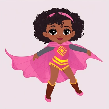 a happy little toddler black GIRL superhero, flying, in pastel colors, flowing cape, with bun hairstyle, smiling, flat style clipart, white background