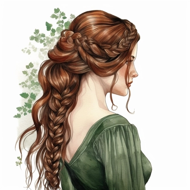 medieval woman hairstyle, stylish | COLOR THEME: dark green, olive green, army green, black, light pink | watercolor, clipart, hyperrealistic, white background