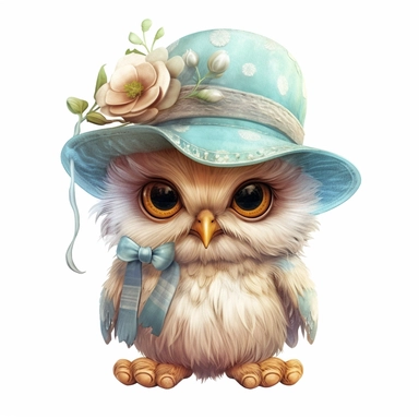 clipart happy baby owl with hat, summer pastel colors, 8k, white background