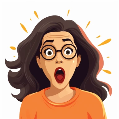 flat vector clipart on a white background. A lady with long dark hair and glasses looking very surprised and excited