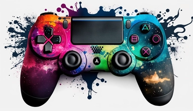 A captivating galaxy-themed PS4 game controller clipart, adorned with an enchanting array of RGB colors reminiscent of a cosmic nebula. The controller is positioned against a pristine white background, expertly designed for high-quality printing in ultra-high definition (UHD) and 4K resolution. To add a touch of artistic flair, a splatter of paint resembling stars and galaxies decorates the background, creating a sense of celestial wonder. The deliberate absence of any brand name or logo allows 